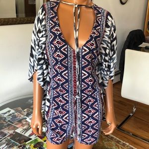 Angie blue printed rayon summer romper. Size S